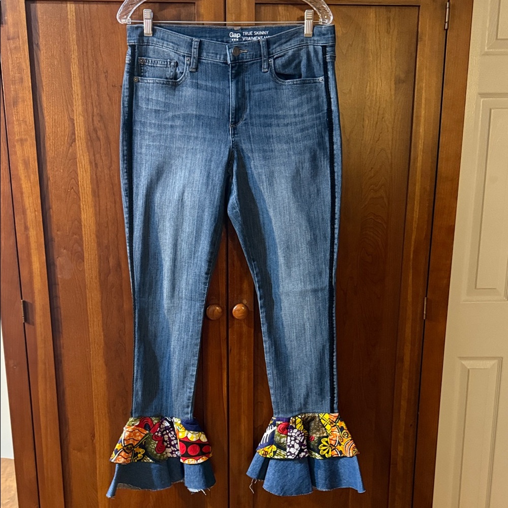 Upcycled African Print Ruffle Hem Jeans